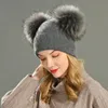 Beanie/Skull Caps Dubbele Echt Bont Pom Hat Dames Winter Caps Gebreide Wollen Mutsen Skullies Mutsen Meisjes Dames Natuurlijk Twee Bont PomPom Beanie Hat 231102