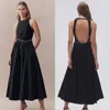 Casual Dresses Women Sleeveless Long Dress Pleated Chest Pearl Beaded Decoration Big Swing Party Midi