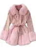 Femmes Fourrure Fausse Fourrure Paillettes Élégantes Rétro Mi-Longueur Épaissir Veste Chaude Faux Renard Couture Rose Fourrure Femmes Automne Hiver Trench Coat Pardessus 231101