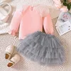 Girl Dresses 2023 Girls Dress Long Sleeve Lace T-shirt Mesh Gray Skirts Cute Designer Princess Vestido 8-12T