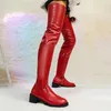 Boot's Sexy Red Over The Knee Boots 2023 Thick Heels Motorcycles Long Woman Plus Size 43 Thigh High Nightclub Shoes 231101