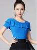 Scene Wear Solid Color Latin Dance Costume Evening Tops Tango Jazz Rhinestones Waltz 2023 Belly Woman Short Sleeve Ruffle T-shirt