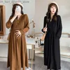 Maternity Dresses Maternity Dress 2022 New Spring Clothes For Pregnant Women Folds V-Neck Long Sleeve Mid-Calf Vintage Vestidos High Quality Q231102