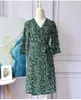 Casual Dresses Green Wave Printed Silk Dress Is Wrapped In The Spring And Summer Female 7 Minutes Of Sleeve V Neck