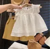 Clothing Sets Retail 2023 Baby Girls Korea Fashion Cotton White Blouse Yellow Shorts Princess Sweet Suits 2-7T