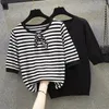 Pulls pour femmes L-4XL Taille Femmes Été Mince Pull tricoté 2023 Manches courtes O Cou Bow Stripe Pull surdimensionné Femme T-shirt Top