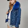 Women's Trench Coats Maomaokong2023 True Scorpion Fur Collar Denim Jacket Fashion Winter Short Park Warm And Velvet Thick Lining