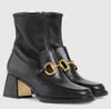 Lyxvarumärke Kvinnor Ankel Boot House Guldpläterad block Hälen Smooth Stretch Leather Martin Boots Party Dress Fashion Booties EU35-41 Box