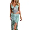 Women's Two Piece Pants 2023 Summer Fashion Print Strap Sexy Open Waist Irregular Long Dress