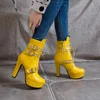 Vermelho amarelo branco mulheres tornozelo botas plataforma rendas até salto alto curto feminino fivela outono inverno sexy senhoras sapato grande 230922