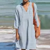 Casual Dresses Women Solid Cotton Linen Dress 2023 Spring V Neck Lace-up Hollow Party Fashion 3/4 Sleeve A-Line Summer Beach