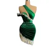 Robes de soirée perles de cristal gland Cocktail pli asymétrique sirène une épaule vert velours courte Mini robe pour les femmes