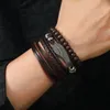 Charme pulseiras estilo punk vintage pulseira de couro para homens múltiplos tecidos com contas de madeira decorações de penas jóias presente