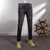 Mäns jeans italiensk stil mode män hög kvalitet retro svart grå stretch smal rippad vintage designer denim byxor hombre