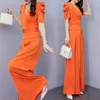 Женские брюки из двух предметов, летний наряд, 2023, блузка с короткими рукавами и широкими штанинами с высокой талией, приталенный оранжевый комплект