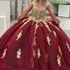 Röd o-hals bollklänning quinceanera klänning gyllene spets applikation lång tåg xv prinsessa vestidos de 15 anos födelsedag söt 16 klänning