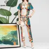レディースツーピースパンツQian Han Ziデザイナーレトロバケーション2ピースセット女性ファッション半袖ブラウス驚くべきパターンプリントロングスーツSE