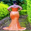 2023 Árabe Aso Ebi Laranja Sereia Vestido de Baile Lantejoulas Lace Vestidos de Noite Frisado Cristais Aniversário Noivado Segundo Vestido Vestido Mulheres Formal Wear WD027