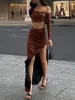 Work Dresses Elegant Chic PU Leather Skirt 2 Piece Set Off Shoulder Long Sleeve Crop Top And Ruched Split Maxi Bodycon Women Streetwear