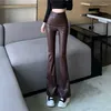 Pantalon femme 2023 taille haute évasé en cuir printemps mode femme faux couleur unie pantalon chic dames loisirs T626