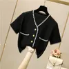 Women's knit Shirts V-neck Knitwear Crop Tunic Short Blouses Sleeve Summer Korean Style Panelled Open Front All-match Leisure Daily Cardigan thin coat woven top