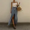 Skirts Women Solid Elegant Maxi Dress High Waist Office Lady Long Denim Skirt Y2k Fashion Blue Loose Vintage Vestidos Female Clothing