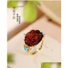 Ringar S925 Sterling Sier Gilded Natural Red Amber Turquoise Sweet Peony Flowers F Justerbar öppningsring K0163 Drop Dhgarden Dh74f