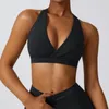 Yoga Outfit Logo imprimé Support léger Col en V profond Moins de couverture Soutien-gorge Racerback Studio Street Crop Top avec bonnets amovibles