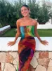캐주얼 드레스 여성을위한 섹시한 Strapless 맥시 드레스 Y2K 패션 인쇄 슬림 파티 여름 메쉬 민소매 비치 클럽 의상 2023