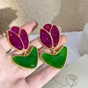 Kolczyki Dangle S925 Srebrna igła Vintage Middle Court Purple Green Jelly Glass Stud Tulip Tulip