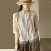 Damesblouses Bloem Chinese stijl Borduuroverhemden Zomer Drie mouwen Katoen Linnen Losse top O-hals Kleding