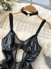 NXY MULHERM PU CEAR BODYSuit de lingerie transparente Veja através de trajes de plays sensuais pretos eróticos sem costas 230328