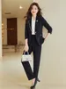 Kvinnors tvåstycksbyxor 2023 Autumn Women Formal Pant Suit Ladies Black Green Apricot Pink Female Business Work Wear Blazer Jacket Trouser 2