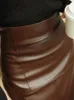 Jupes Lautaro printemps automne doux marron cuir artificiel Maxi cuir femmes avec couture arrière taille haute luxe élégant costume de bureau 230403