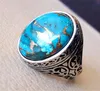 Cluster Rings Vintage Fashion Carving Turquoise Gemstones For Men Women Thai Silver Color Jewelry Bague Bijoux Party Accessories Gifts