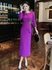 Robes décontractées zjyt élégant perle de luxe Purple MIDI en soirée pour les femmes 2023 Vestidos d'automne plus