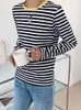 T-shirt Femme Femmes Noir et Blanc Rayures Casual Tops O Cou À Manches Longues Lâche Pull T-shirt Automne Mode Corée Chemise Coton 230331