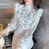 Women's Blouses Vintage Printed Gauze Floral Flare Sleeve Chiffon Shirt Clothing 2023 Autumn Winter Casual Tops Sweet Blouse