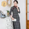 Ethnic Clothing Traditional Mandarin Collar Plaid Printed Knee-Length Cheongsam Chinese Seven Points Sleeve Qipao Women Dress