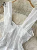 Nxy White Satin Mesh Playsuits Dames Strap Beach Backless Slim Jumpsuits Ladies Transparante Club Sexy Bodysuits 230328