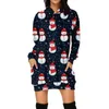 Robes décontractées Noël Femmes Sweat à capuche Robe Mode Père Noël Elk Imprimer Sweatshirts Sac Hip Poche Pulls Mini Robes