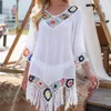 Women's Swimwear Beach Cover Up Crochet Knitted Tassel Tie Beachwear Tunic Long Pareos Summer Swimsuit Cover Up Sexy See-through Beach Dress 230403