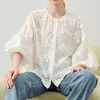 Kvinnors blusar White Flower Embroidery Elegant Shirt Women Lantern Sleeve Loose Tops 2023 Summer O Neck Casual Stylish Sweet Lace Blue