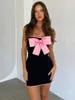 Sukienki swobodne 2023 Spring Pink Bowknot Rękawiczki Seksowna sukienka dla kobiet bez ramiączek Bodycon Pakiet Utwaj urodzinowy wieczór czarny