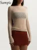 T-shirt Femme Sampic tricoté Casual Brown Femmes à manches longues Summer Beach Y2K T-shirt Tops Hollow Out Sexy Party Tenues Basic Tees Crop Tops 230403