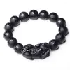 Strand Natural Obsidian Fengshui Pixiu Bracelet Men Women Black Jades Brave Troops Six-word Mantra Bead Bangle Lucky Amulet Gift