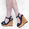 Olomm Nova Moda Feminina Sandálias Plataforma Denim Tachas Salto Aberto Dedo Do Pé Preto Azul Sapatos Casuais Feminino EUA Plus Size 5-20