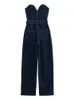 Kvinnors jumpsuits rompers kvinnor från axel denim jumpsuit med bältes ärmlös backless blixtlås rakt lång jumpsuits sommar mode romper streetwear 231102