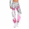 Pantalon Femme Femmes Taille Haute Métallique Brillant Jogger Streetwear Hip Hop Pantalon Réfléchissant Holographique Patchwork Club Danse