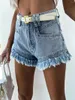 Damen-Shorts, mittlere Taille, Grate, Quasten, Denim, weiblich, feminin